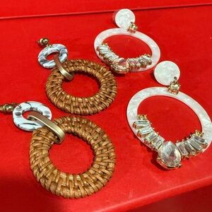 Set of 2 Elegant Brown Wicker Earrings & White Opal Like Hoop Drop Down Earrings